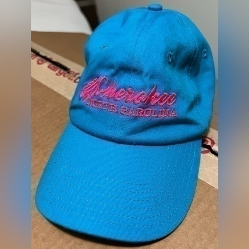Women’s LUXE Apparel hat blue with pink stitching “Cherokee North Carolina”